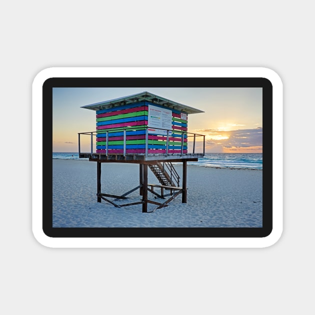 Cancun Beach Colorful Lifeguard House at Sunrise Playa Cancun Mexico MX Magnet by WayneOxfordPh