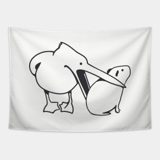 Minimalist art of a funny event with Pelican and Capybara. Tapestry