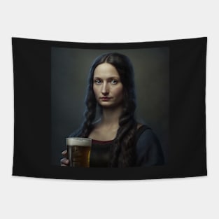 Realistic Mona Lisa Holding Beer Portrait Tapestry