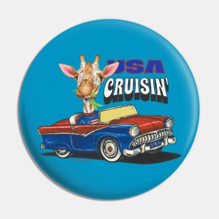 Humorous and Cute Giraffe driving in a cute classic car in the USA Pin