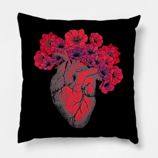 human heart color red with crow flowers blood red Pillow