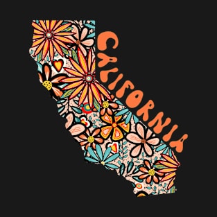 California State Design | Artist Designed Illustration Featuring California State Outline Filled With Retro Flowers with Retro Hand-Lettering T-Shirt