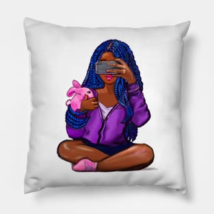 Cool edgy girl with natural afro hair in pink braids and camera phone black girl Magic. “African American woman”,teenager, African American teen Pillow