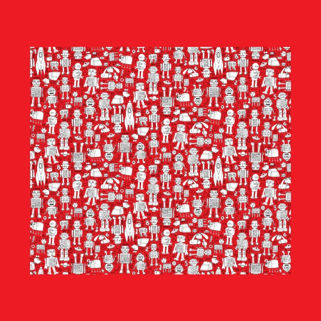 Robots in Space - red and white pattern by Cecca