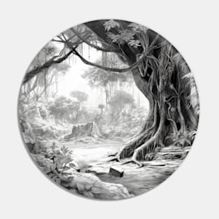 Ancient Tree Landscape Nature Adventure Ink Sketch Style Pin