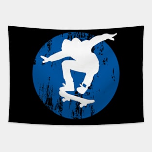 Grunge Urban Skateboarder Graffiti Style - White Silhouette with Blue Background Tapestry