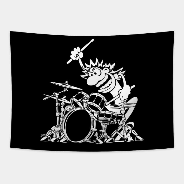 Crazy Drummer Cartoon Illustration Tapestry by hobrath