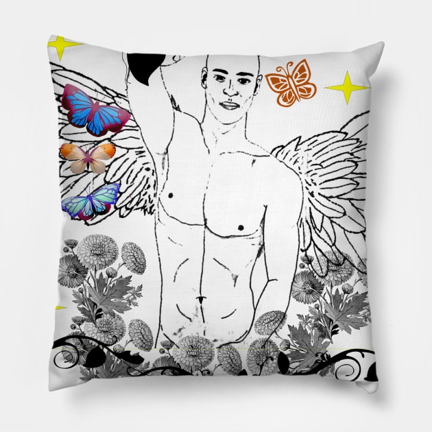 Angel with Wings Illustration Floral Butterfly Design Pillow by Girl Gang Leader