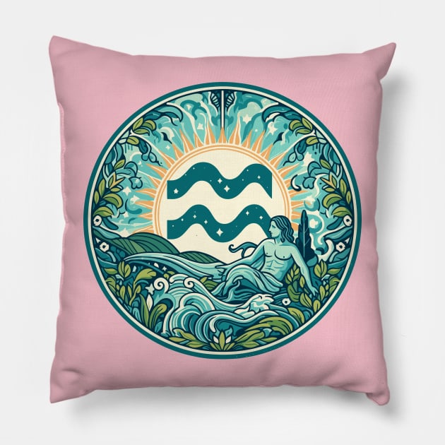 "Cosmic Uprising: Aquarius Euphoria"- Zodiac Horoscope Star Signs Pillow by stickercuffs