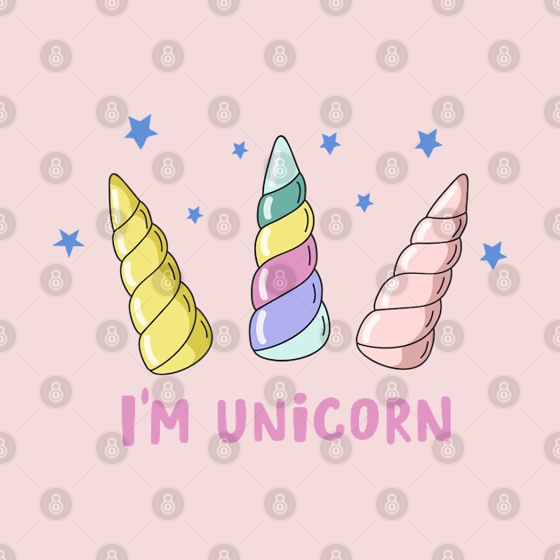 I am a unicorn. Vector illustration with unicorn horns and the inscription. Cartoon design for kids poster or card by Var Space