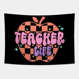 Teacher Life Retro Groovy Apple Teacher Appreciation Tapestry