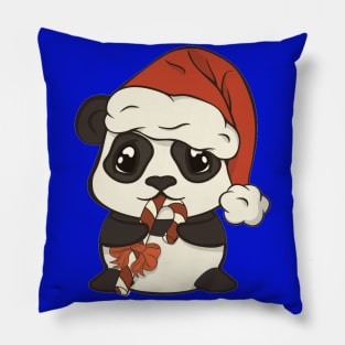 Cute Christmas panda bear in red Santa's hat with pompon eat sugar lollipop striped stick Pillow