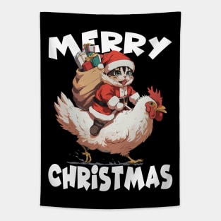 Merry Christmas, Funny Cute Cat on a Chicken Tapestry