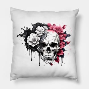 Skull and flowers Ink Dripping Effect Pillow