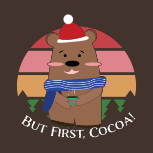 Christmas Teddy Bear Santa Hat But First Cocoa Retro T-Shirt