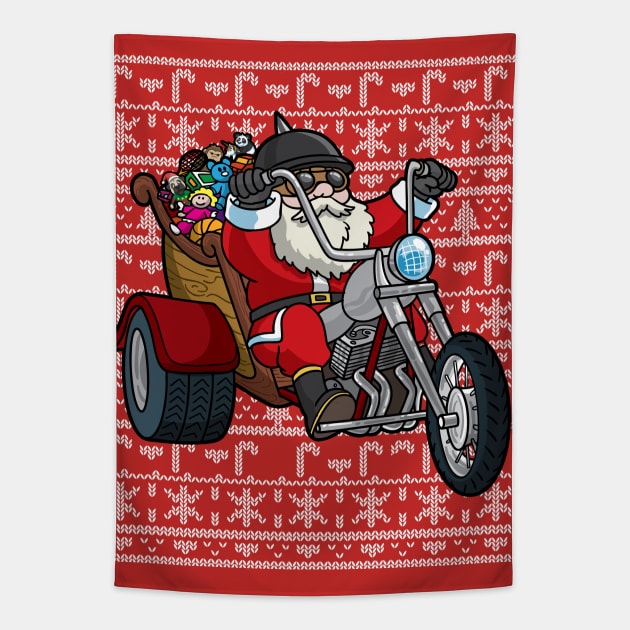 Santa Claus Riding Motorcycle Ugly Christmas Sweater Tapestry by E