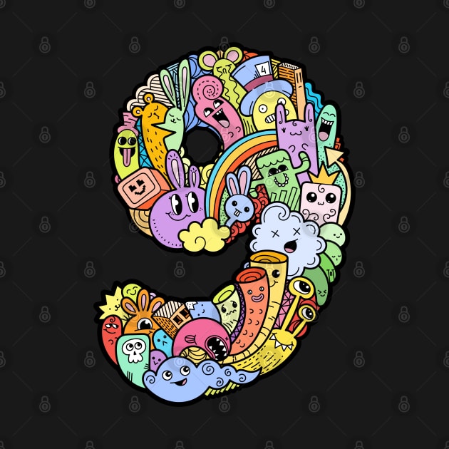 Number 9 nine -Funny and Colorful Cute Monster Creatures by funwithletters