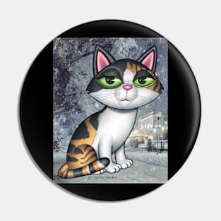 Cute Calico Kitty on grayish winter evening scene Pin