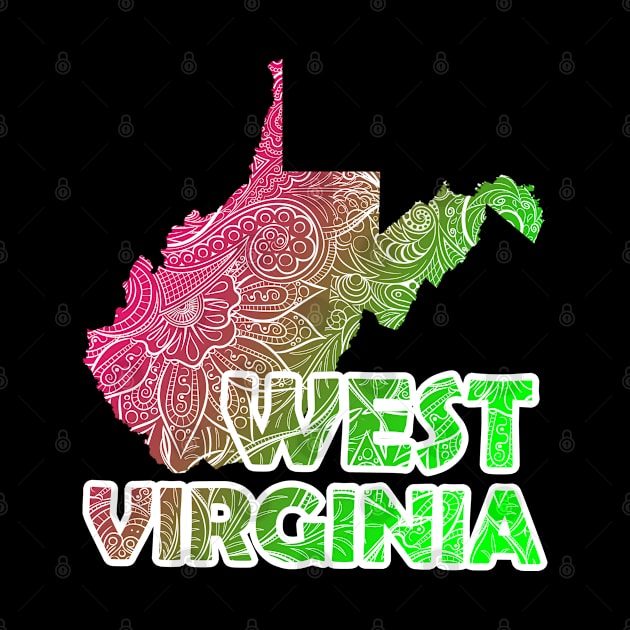 Colorful mandala art map of West Virginia with text in pink and green by Happy Citizen