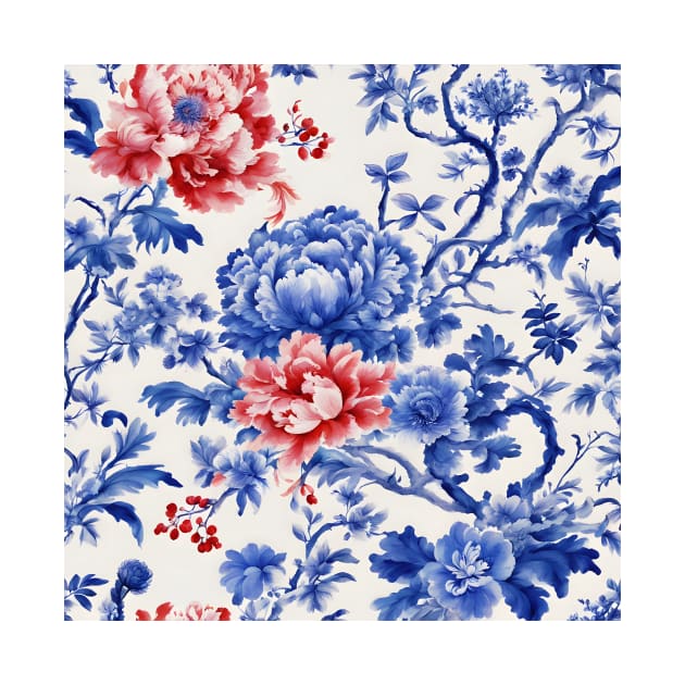 Blue and red French toile de jouy by SophieClimaArt