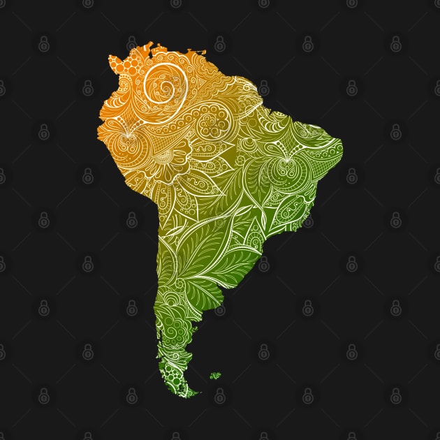 Colorful mandala art map of South America with text in green and orange by Happy Citizen