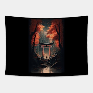 Magical Torii Gate in Autumn Japanese Forest - Aesthetic Anime and Manga-inspired Design Tapestry