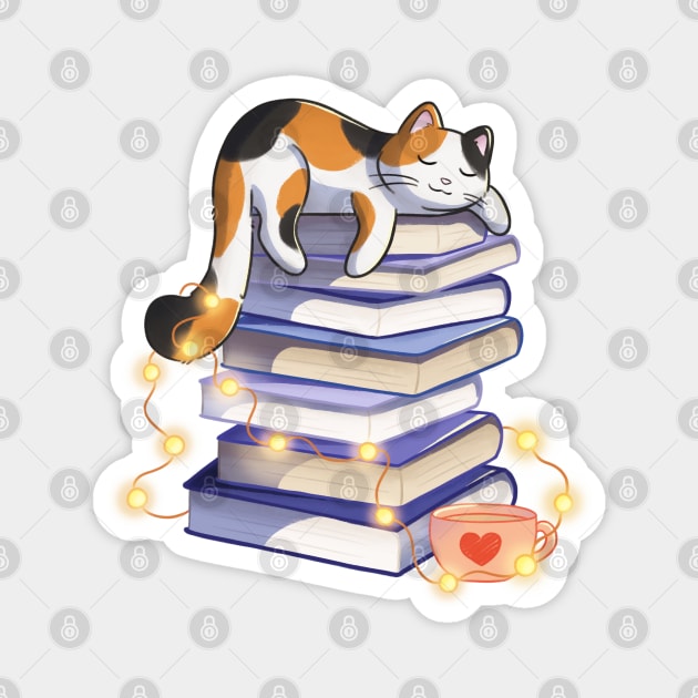 Calico Cat Sleeping On Books Magnet by Meowrye