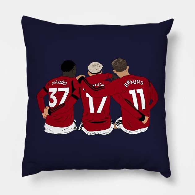 Kobbie Mainoo Alejandro Garnacho Rasmus Hojlund United Youth Trinity Pillow by Hevding