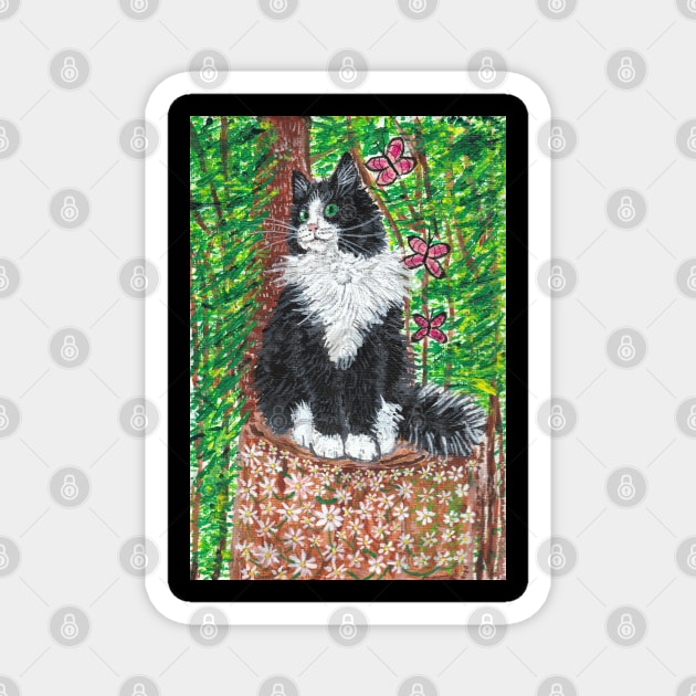 Fluffy Tuxedo cat forest Magnet by SamsArtworks