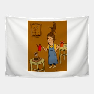 Coffee Brewing: Pour Over Lady in Apron Tapestry