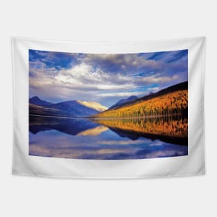 Cloudy Autumn Landscape And Its Reflection Kintla Lake Glacier National Park Tapestry