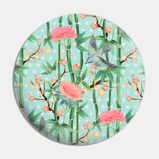 Bamboo, Birds and Blossom - soft blue green Pin