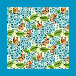 Blue Hydrangea And Butterflies Pattern T-Shirt