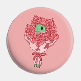 Bouquet with Green Frog and Pink Roses Pin