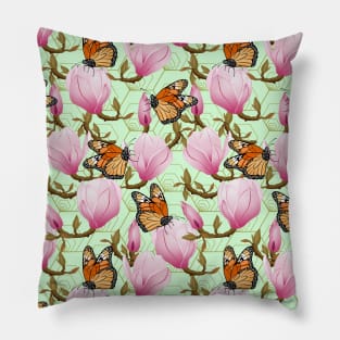 Magnolia Flowers With Butterflies On Green Background Pillow
