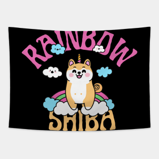 Shiba Inu Unicorn Kawaii Illustration With Rainbow And Cloud Tapestry