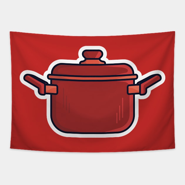 Kitchen Cooking Pot Sticker design vector illustration. Kitchen appliance element icon concept. Steel kitchen saucepan sticker design logo with shadow. Pan with lid for dishes, kitchen, home cooking. Tapestry by AlviStudio