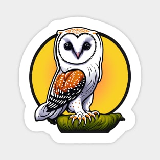 Sticker of wise looking owl stood on branch with a yellow and orange circle background. Magnet