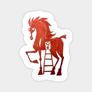 big red horse with a ladder and a key in itn ito hits Magnet