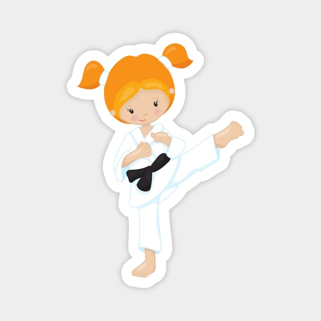 Karate Girl, Cute Girl, Orange Hair, Black Belt Magnet by Jelena Dunčević