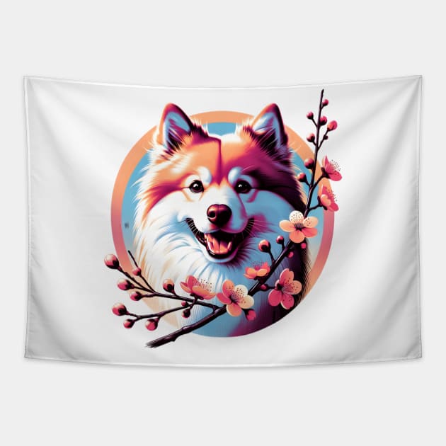 Joyful Finnish Spitz with Spring Cherry Blossoms Tapestry by ArtRUs