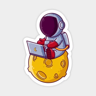 Cute Astronaut Working with Laptop on Moon Cartoon Magnet