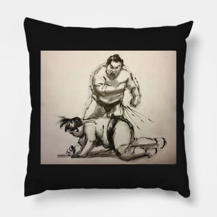 Sumo #23 - Sumo wrestlers ink wash painting on vintage paper Pillow