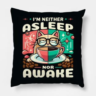 "Cat Napping in Coffee Cup" - Humorous Tee for Cat and Coffee Lovers Pillow