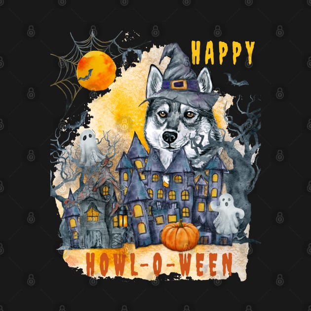 Siberian Husky Happy Howl-o-ween Ghost Houses Funny Watercolor by Sniffist Gang