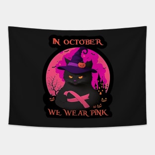 Black Cat In October We Wear Pink Funny Halloween Tapestry