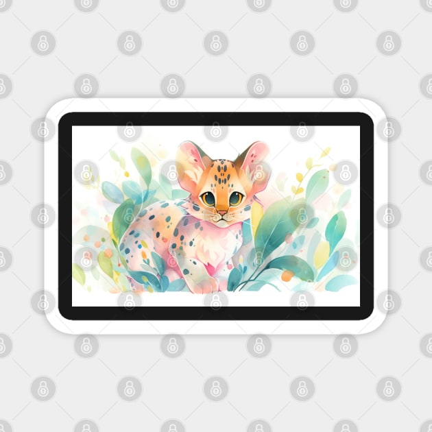 Whimsical Jungle Cat Watercolor Illustration Magnet by A Badger