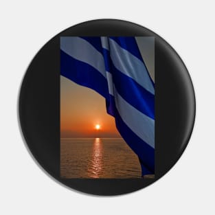 Aegian Sea. Greek Flag at sunrise. Pin
