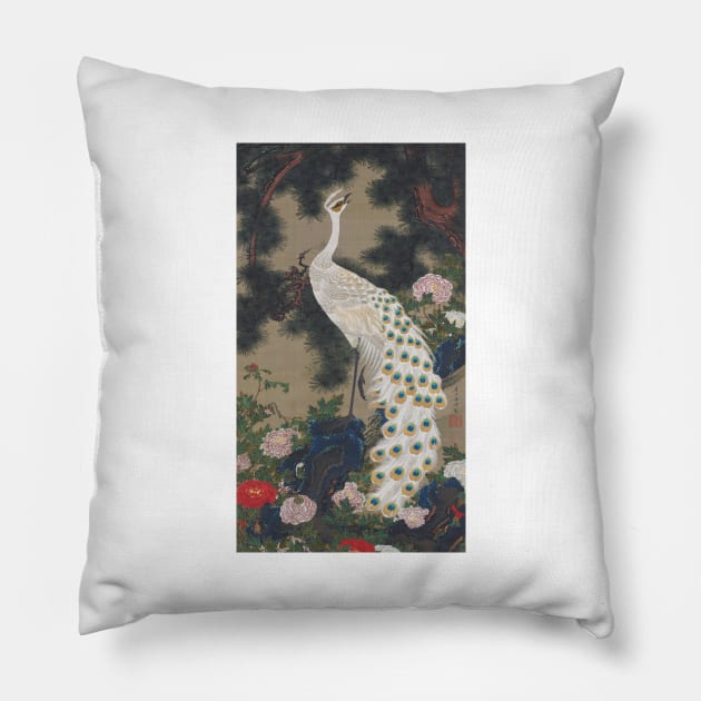 Ito Jakuchu: Old Pine Tree and Peacock (Rosho Kujaku-zu) Pillow by topower