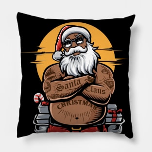 Awesome Tattooed Black Santa Illustration Pillow